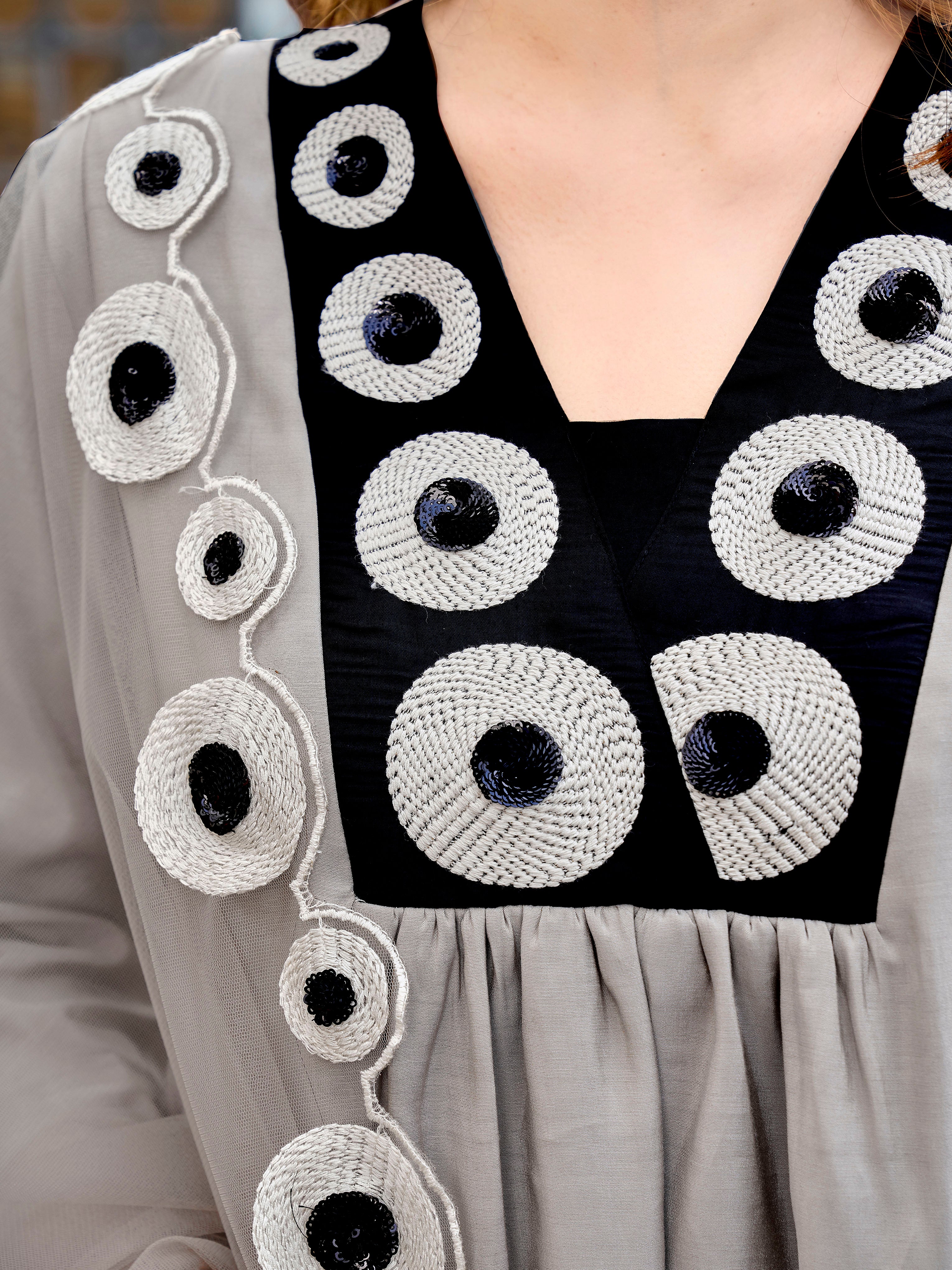 Steel Grey color silk blend thread & sequence work on neck A-line kurta & trouser with dupatta set